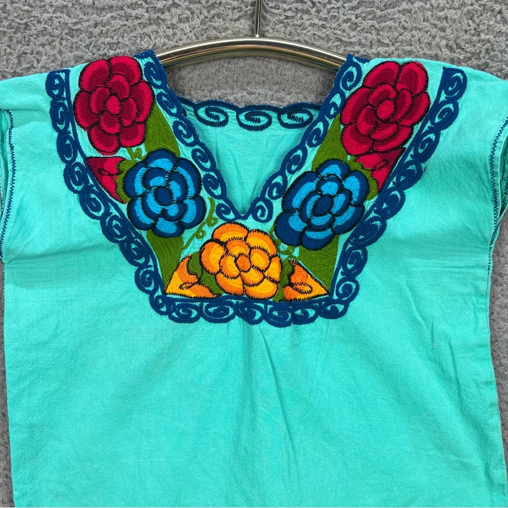 Mexican Fiesta Tunic Top Womens‎ S/M Handmade Aqua Teal Floral Embroidered EUC